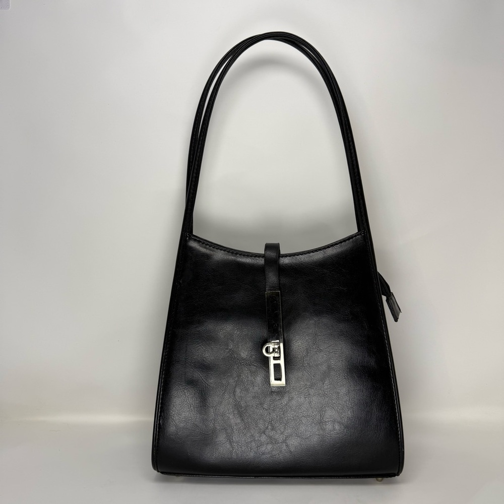 Black Faux Leather Sturdy Hobo Shoulder Bag with Silver Colored Accents